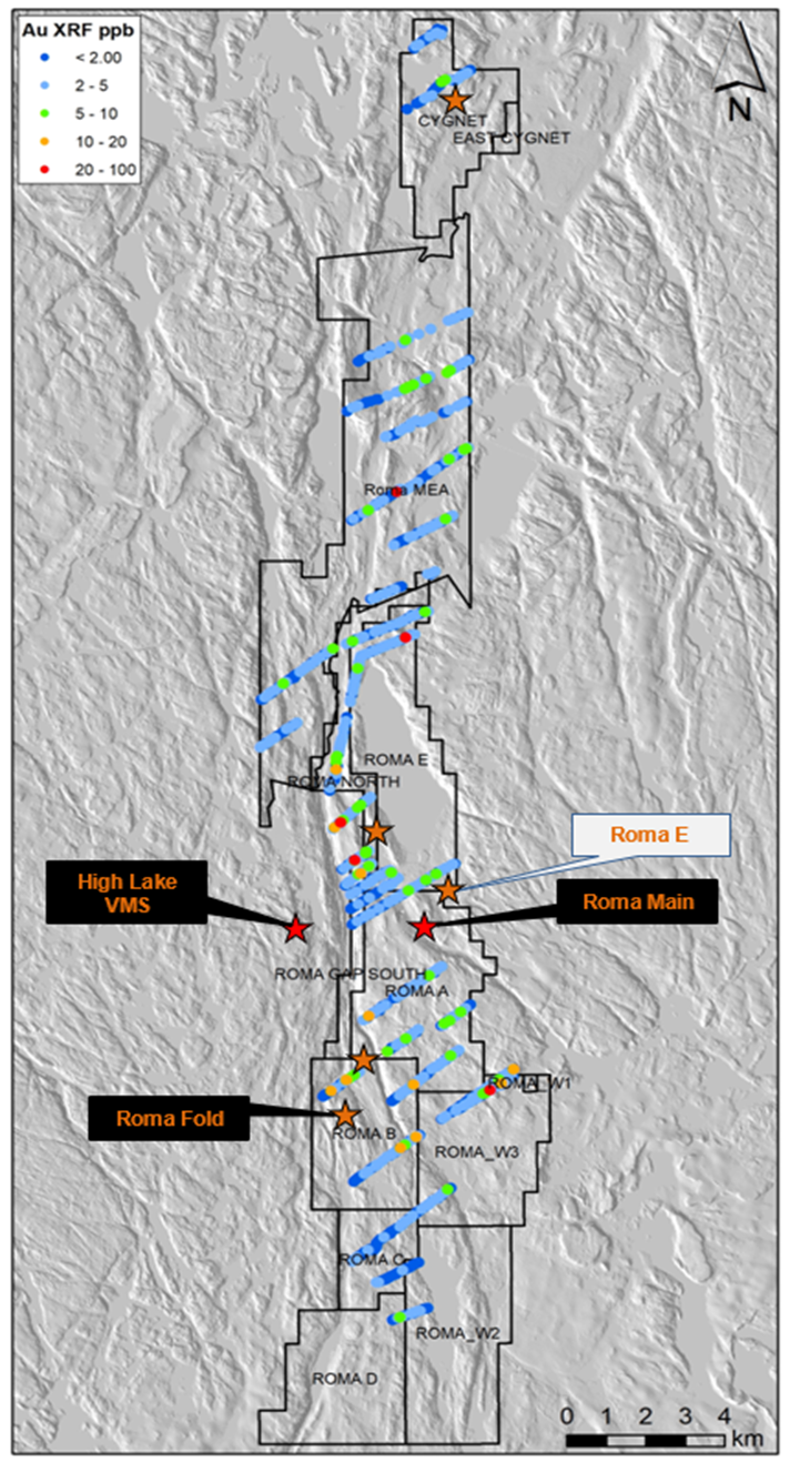 Figure 3: Roma Projects targets on gold in till basemap.